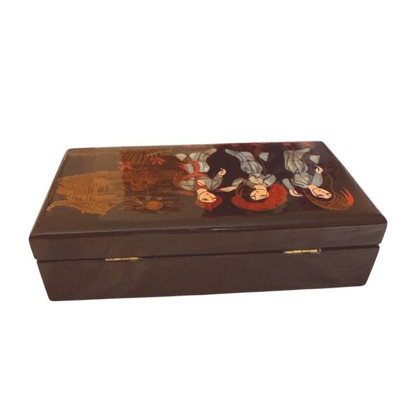 Japanese Black Lacquer Jewelry Box With Mother Of Pearl Inlay & Red Velvet Inter - Picture 6 of 8